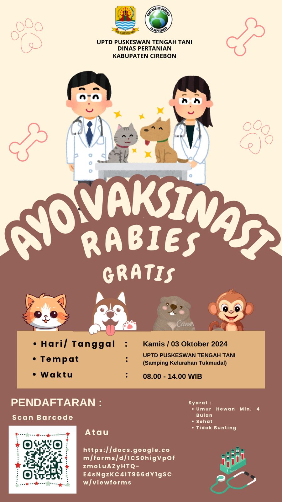 VAKSINASI RABIES GRATIS UPT PUSKESWAN TENGAH TANI !!