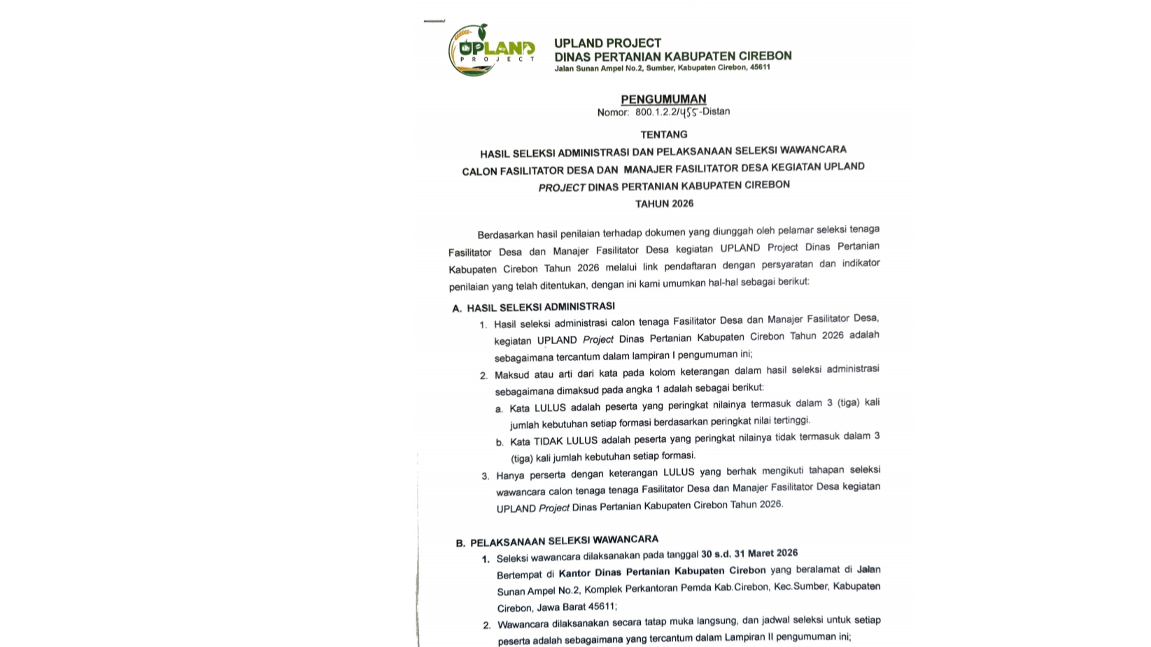 PENGUMUMAN DAFTAR PESERTA YANG LULUS SELEKSI ADMINISTRASI DAN PELAKSANAAN SELEKSI WAWANCARA CALON FASILITATOR DESA DAN MANAJER FASILITATOR DESA TENAGA PENDUKUNG KEGIATAN UPLAND PROJECT DINAS PERTANIAN KAB CIREBON TAHUN 2026